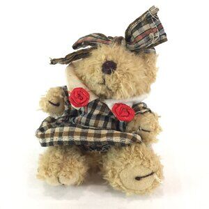 Mini Plush Jointed Bear In Plaid Dress With Bow 5 Inch Stuffed Animal Teddy Soft